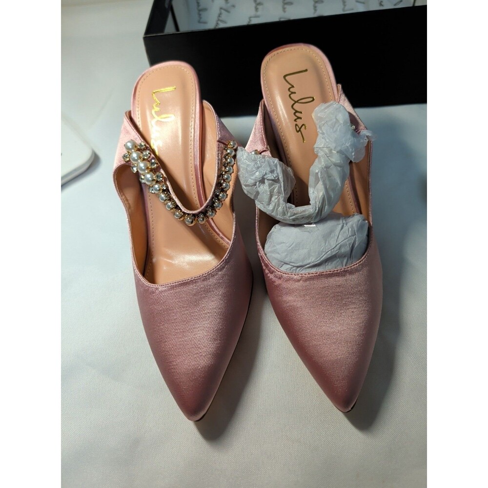 Women's Lulus Satin Pearl Rose Gold Wedding Shoes Pointed High Heels Sephora 10 - Picture 2 of 9